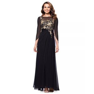 Betsy & Adam Womens Metallic Embroidered Cape Sleeve Gown Black Size 8 NWT